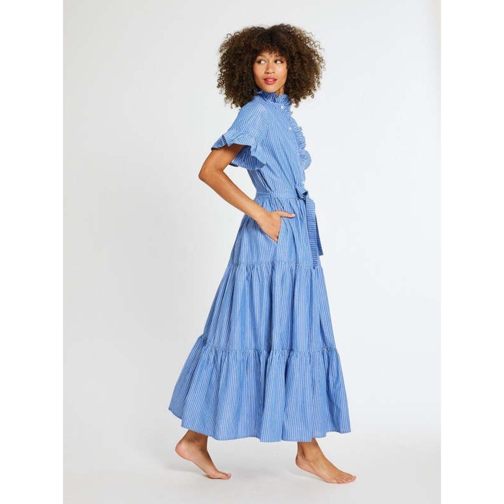 MILLE Sola Tiered Maxi Dress in Blue Pinstripe Cotton - Size XL - Picture 10 of 10